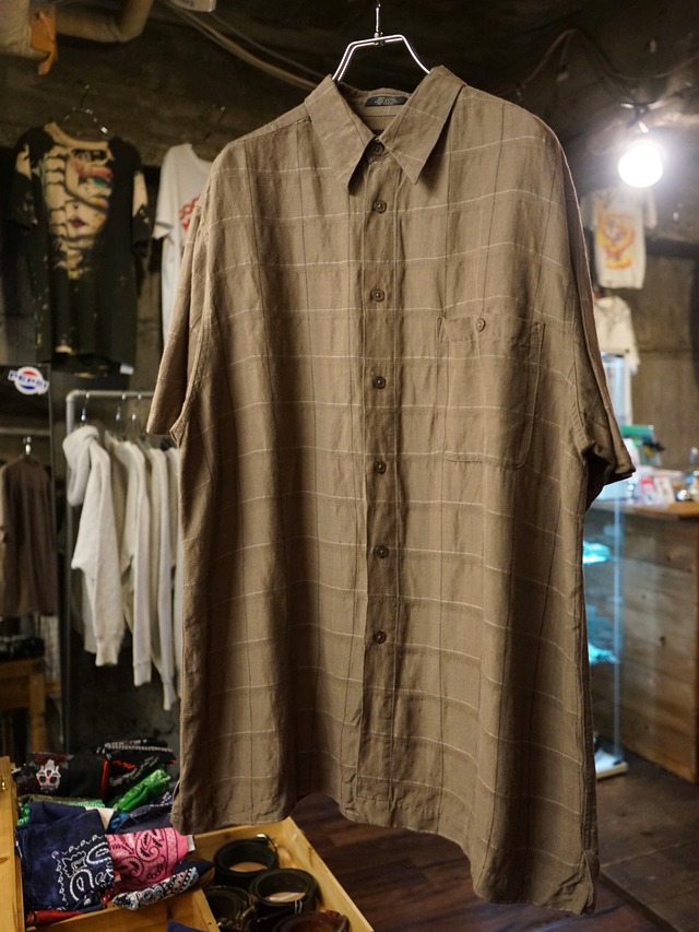 Marc Edwards Brown Windowpane Linen Rayon Short Sleeve Shirt