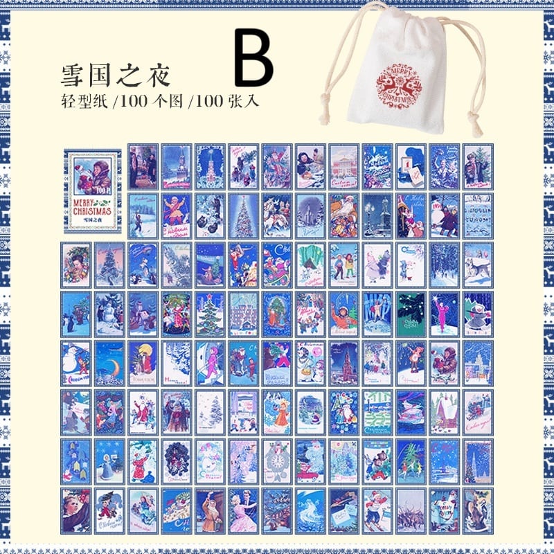 【クリスマス】豆本 巾着 素材紙 100枚入AB28 サンタ スノーマン クマ クリスマスツリー レトロ アンティーク調 デザイン様々 ほぼ日 海外 コラージュ素材