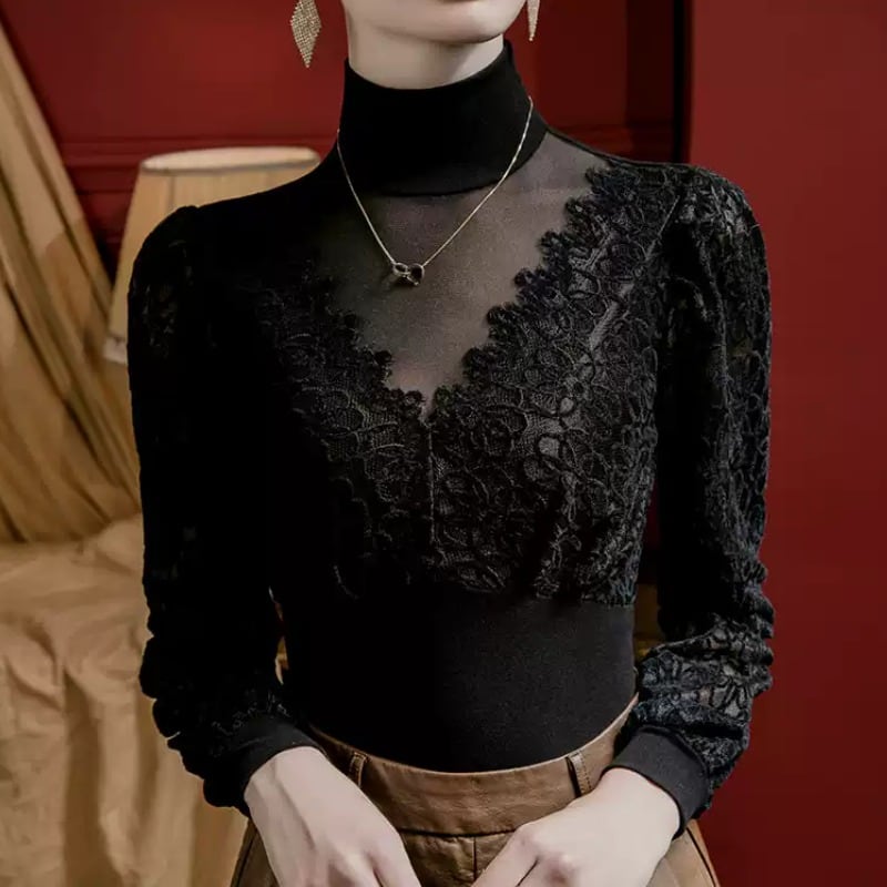 ハイネック レース デザイン トップス ロングスリーブ ds1009
