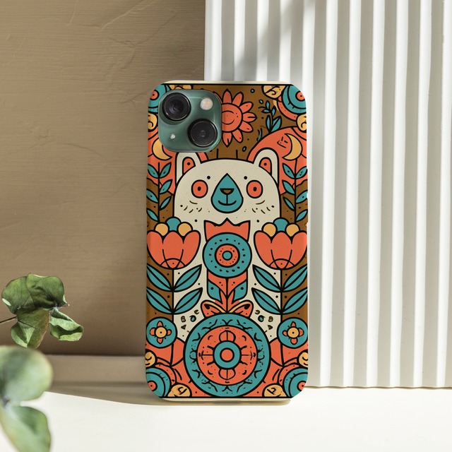 受注生産 iPhoneケース 猫と花のサイケ民芸柄｜猫モチーフ PSYF060C