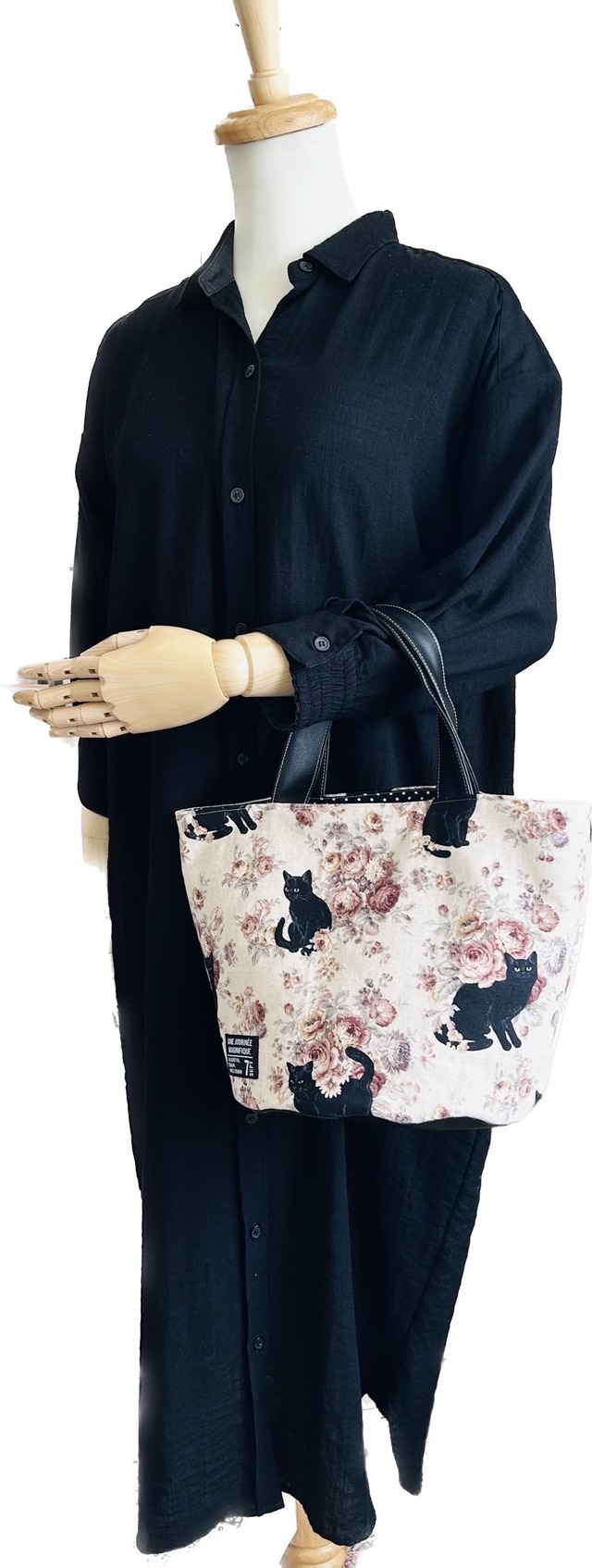 黒猫丸底トートバッグ【黒猫と薔薇・アイボリー】ショートサイズ