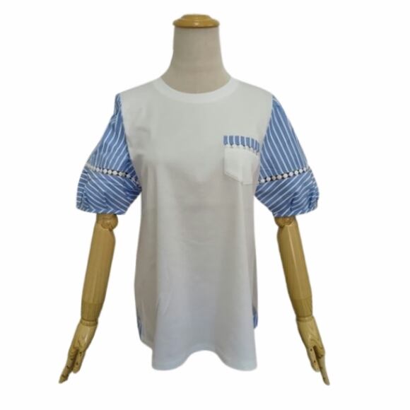 スーパービューティー チュニックTシャツ 異素材ドッキング ストライプ袖 レース チュール 2512039 ブルー 2025年春夏 オーラボー Super Beauty レディース 半袖 リボン きれいめ 上品 ミセス