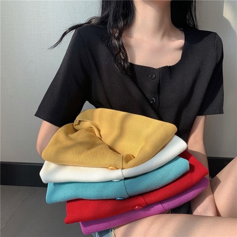 スタイルトップス サマーニットセーター カラー薄手シャツ 半袖スリーブTシャツ カーディガン ショート ハーフスリーブ 夏物 スクウェア YY-ファッション21668613977