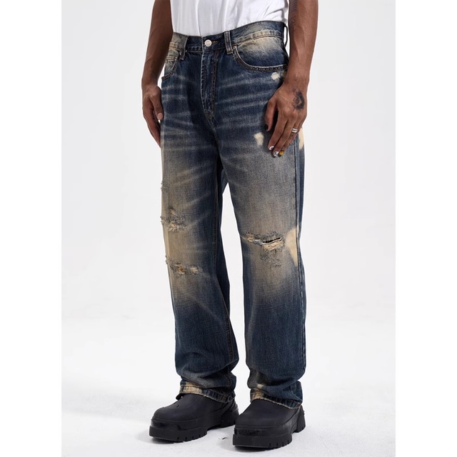 【DRIP3981】D/B Washed Torn Damaged Loose Denim