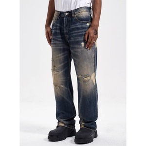 【DRIP3981】D/B Washed Torn Damaged Loose Denim
