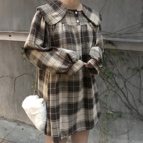 ✞チェック柄シャツワンピース ランタンスリーブ レトロ スウィート ✞ゴスロリ SM ミリ 甘ロリ クラロリ 和ロリ エレガント 黒ロリ 姫ロリ 華ロリ BB-BB11845012400