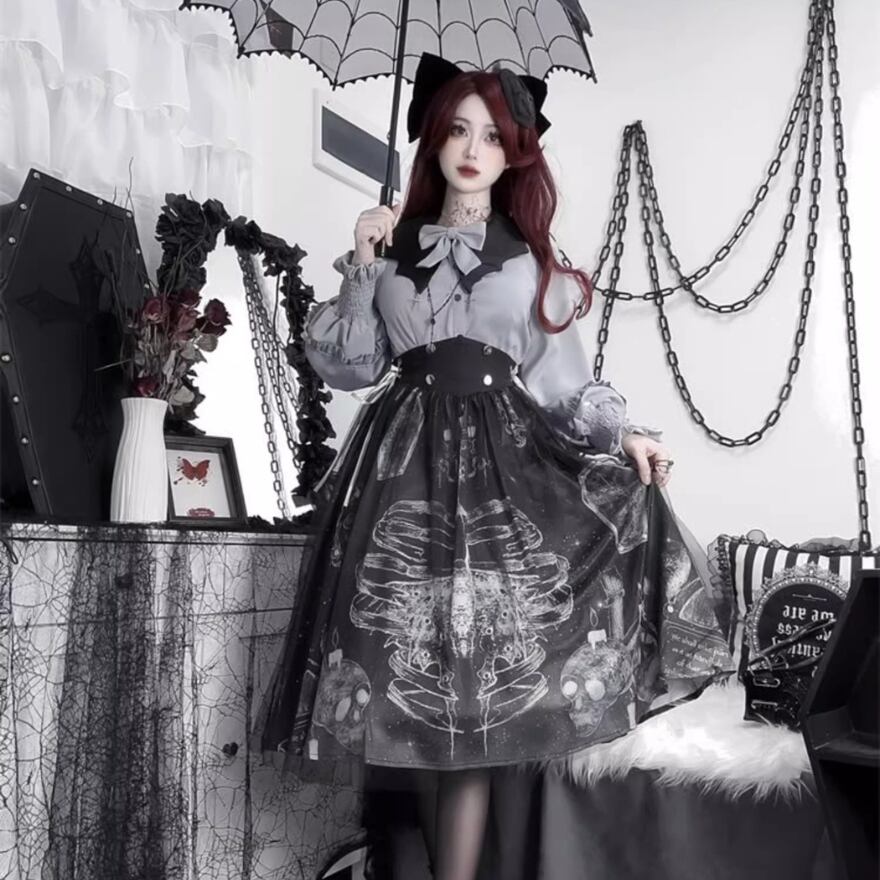 サブカル 服 地雷系 通販 セットアップ ブラウス スカート ミドル丈 スカル プリント柄 闇かわいい ゴシック