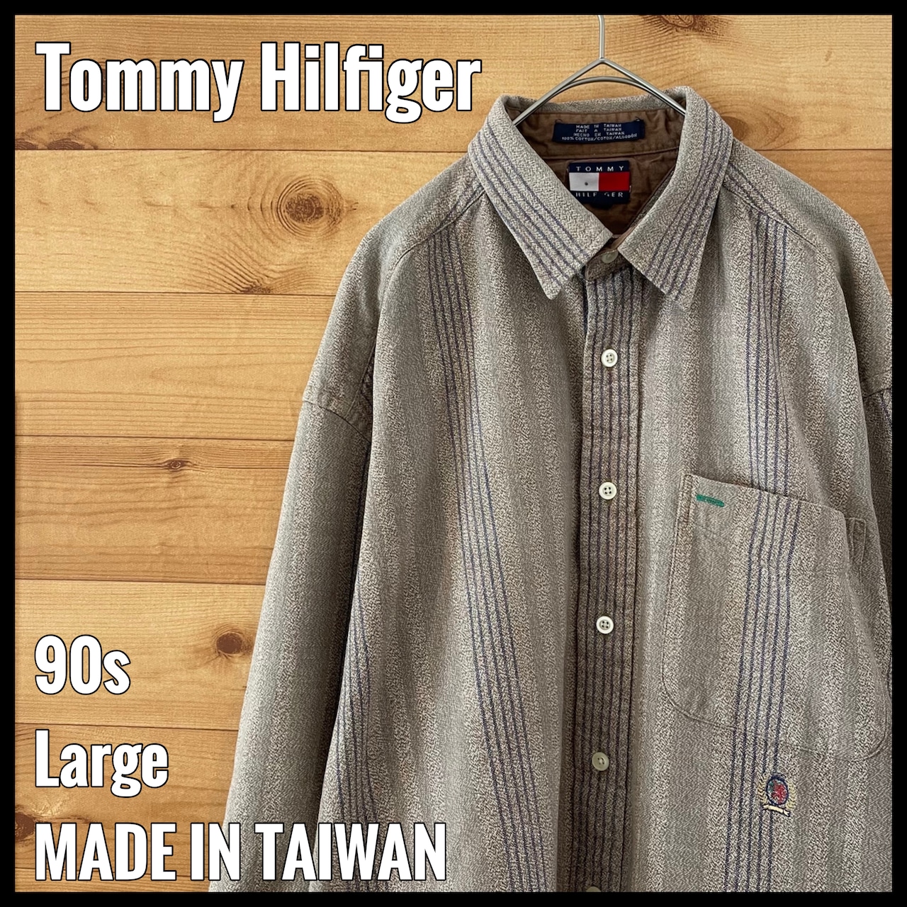【Tommy Hilfiger】90s 旧タフラッグタグ 長袖シャツ ストライプ柄 刺繍ロゴ  L  トミーヒルフィガー US古着 アメリカ古着