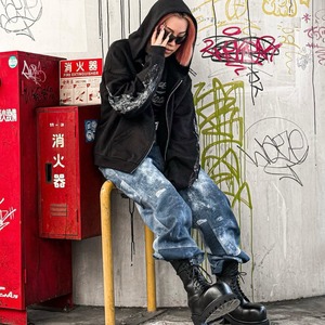 【WE11DONE】BLACK LACE PATTERN LOGO HOODIE ZIP-UP