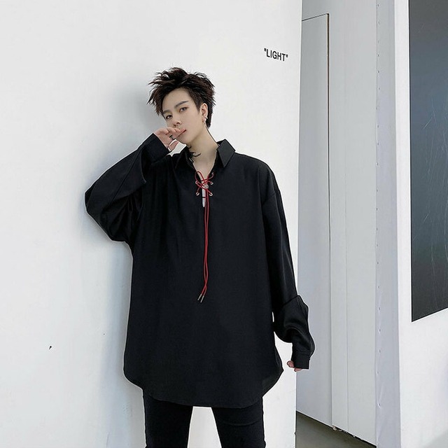 メンズ 春服 シャツ 長袖 レースアップ 編み上げ ゆったり かっこいい おしゃれ着 原宿系 オルチャン 10代 代 天使と悪魔 サブカル 系ファッション Seasonz