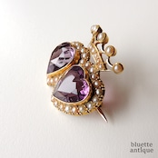 アンティークジュエリー 天然アメシスト 真珠 ダブルハート&クラウン ブローチ (ソーティングメモ付)