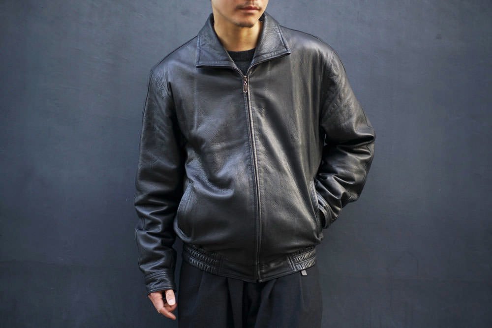 【archive】90's HIGH-NECK LEATHER JACKET 90s Flare Sleeve Crinkle Black Leather Jacket