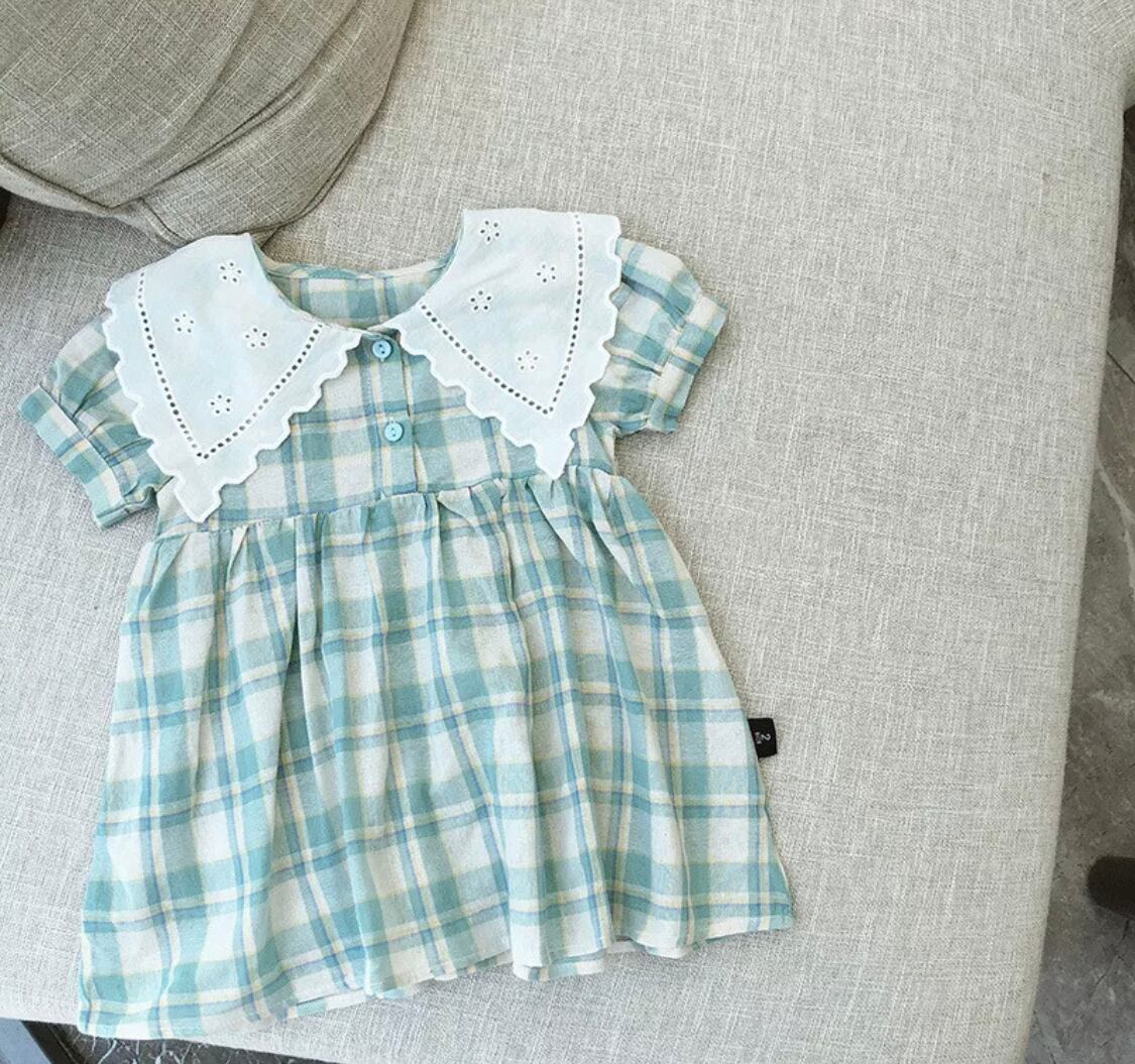 レース襟パステルチェックワンピース》》》》》春夏 2021ss 海外子供服 女の子 春服