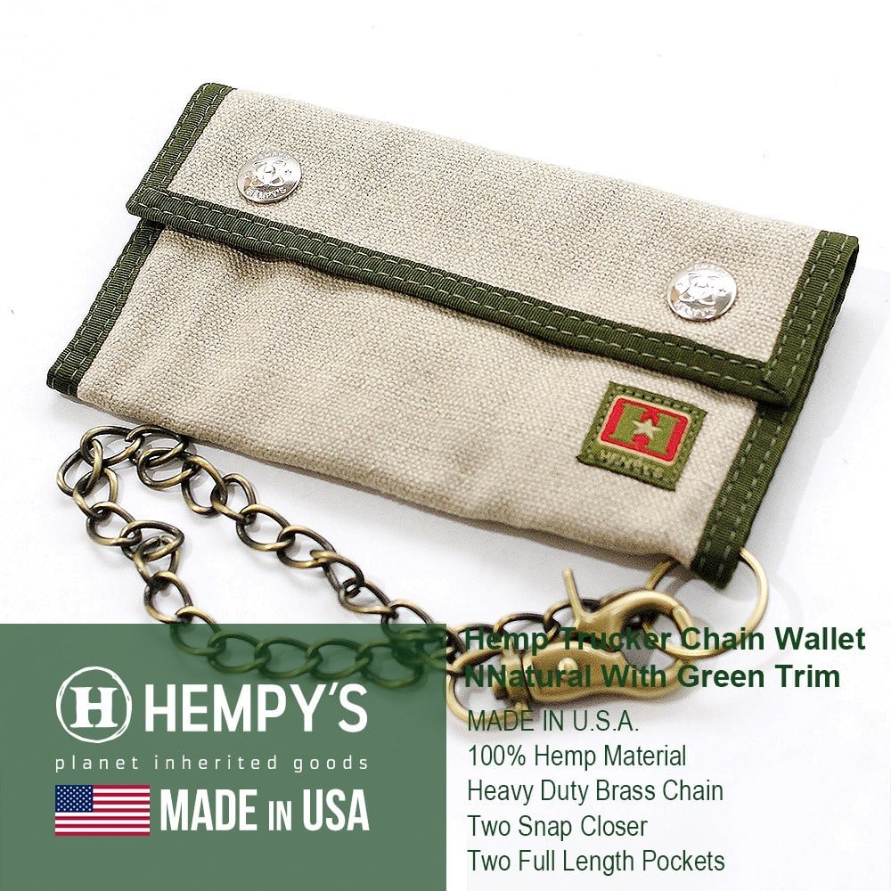 サイフ 長財布 2つ折 チェーン付 麻 ヘンプ ヘンピーズ Hemp Trucker Chain Wallet Natural with Green  Trim ナチュラル TRN-GRN USA生産