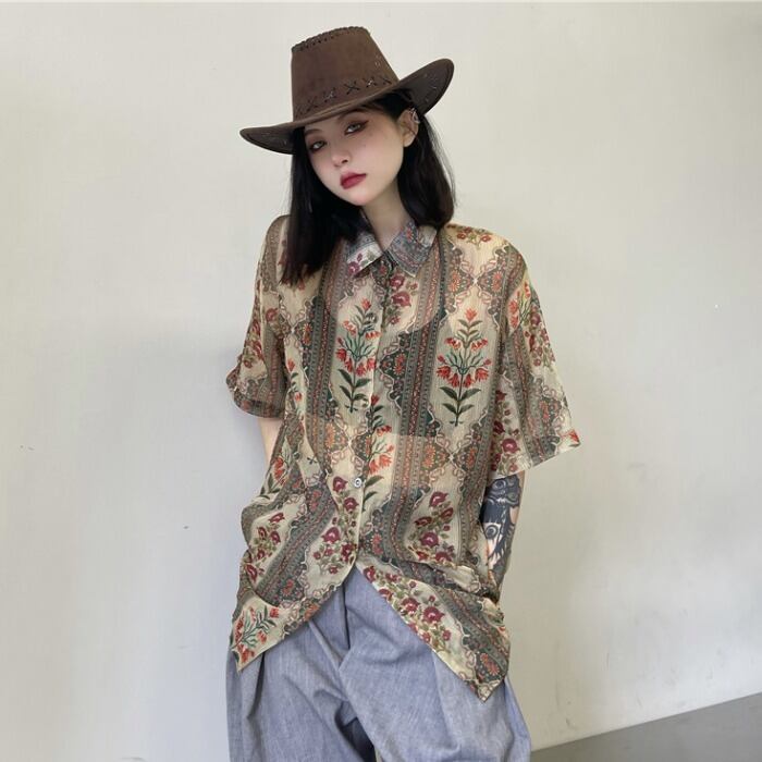 スタイルサマールーズシャツ スタンダードプリントシフォンカジュアルトップス レトロ ストリート 夏物 ケッペル23049585604