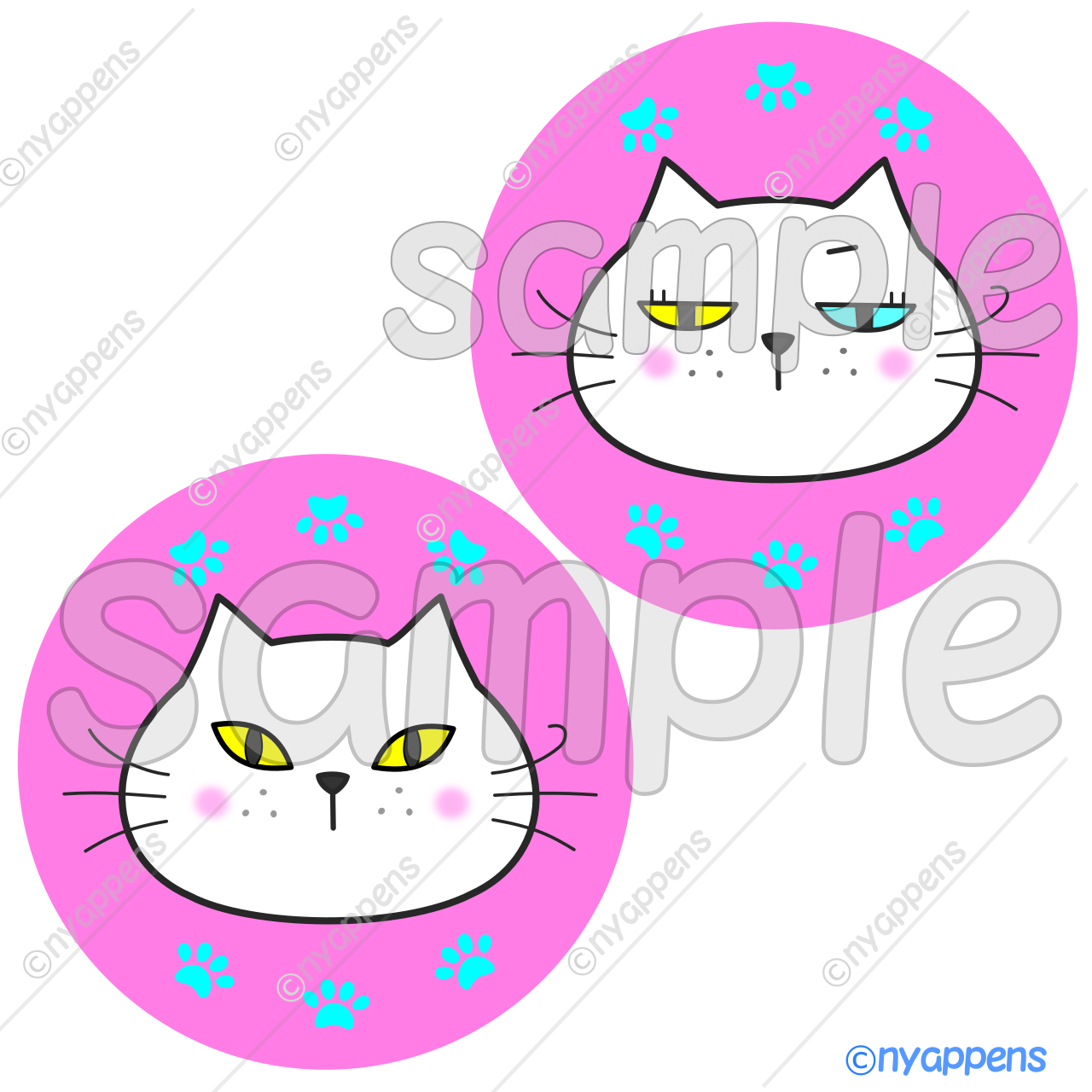 【商用利用OK】猫イラスト(ヒゲまる/全20種類セット)シールやアイコン、素材に!