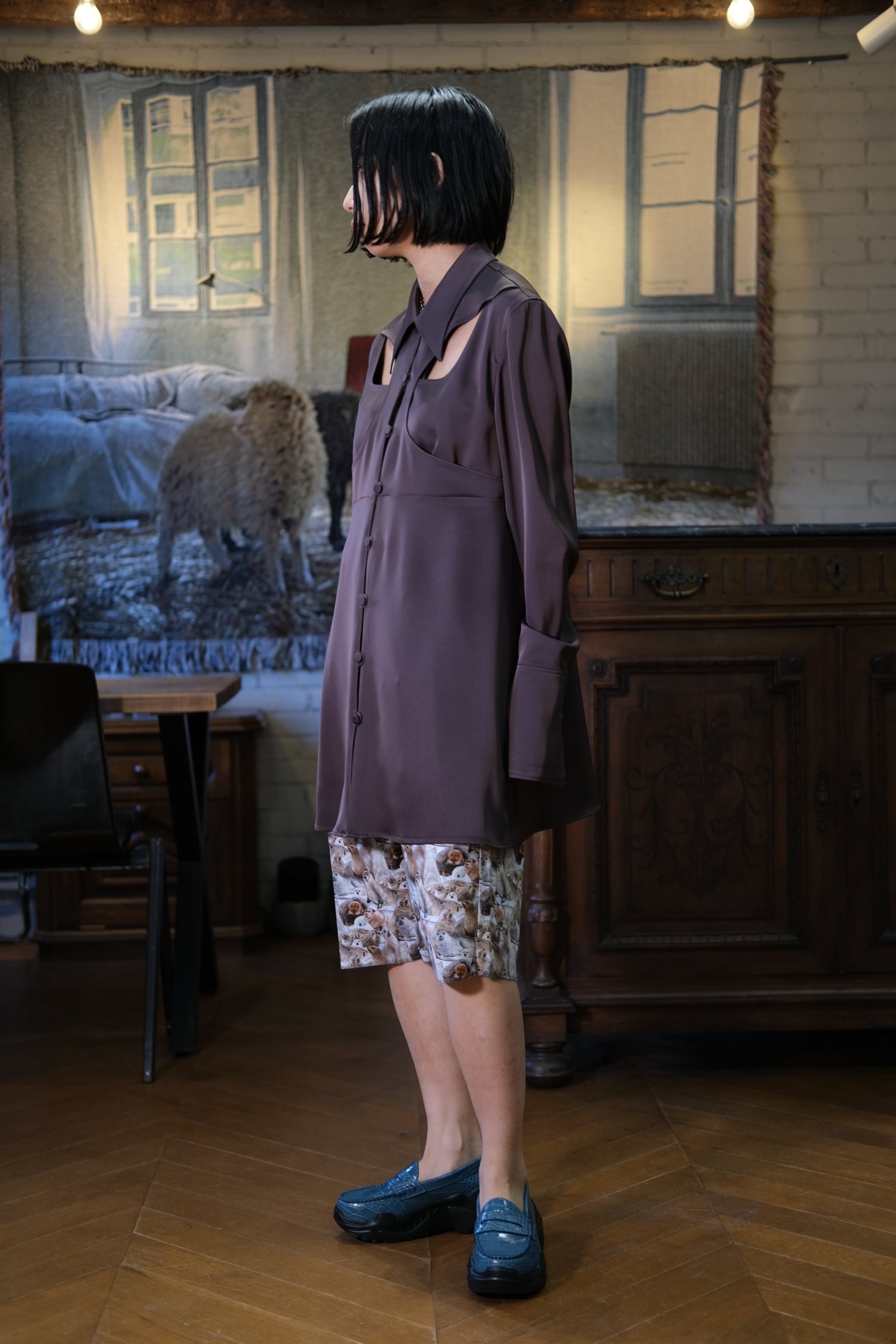 FETICO】CUTOUT SATIN SHIRT - brown | loop