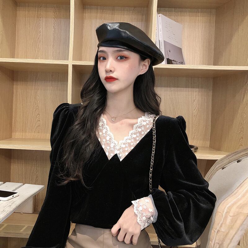 スタンダードベルベットブラウス スプリングVネックレースシャツ レディース ロング レトロ 春物 ステッチ スーパーモール82168975558