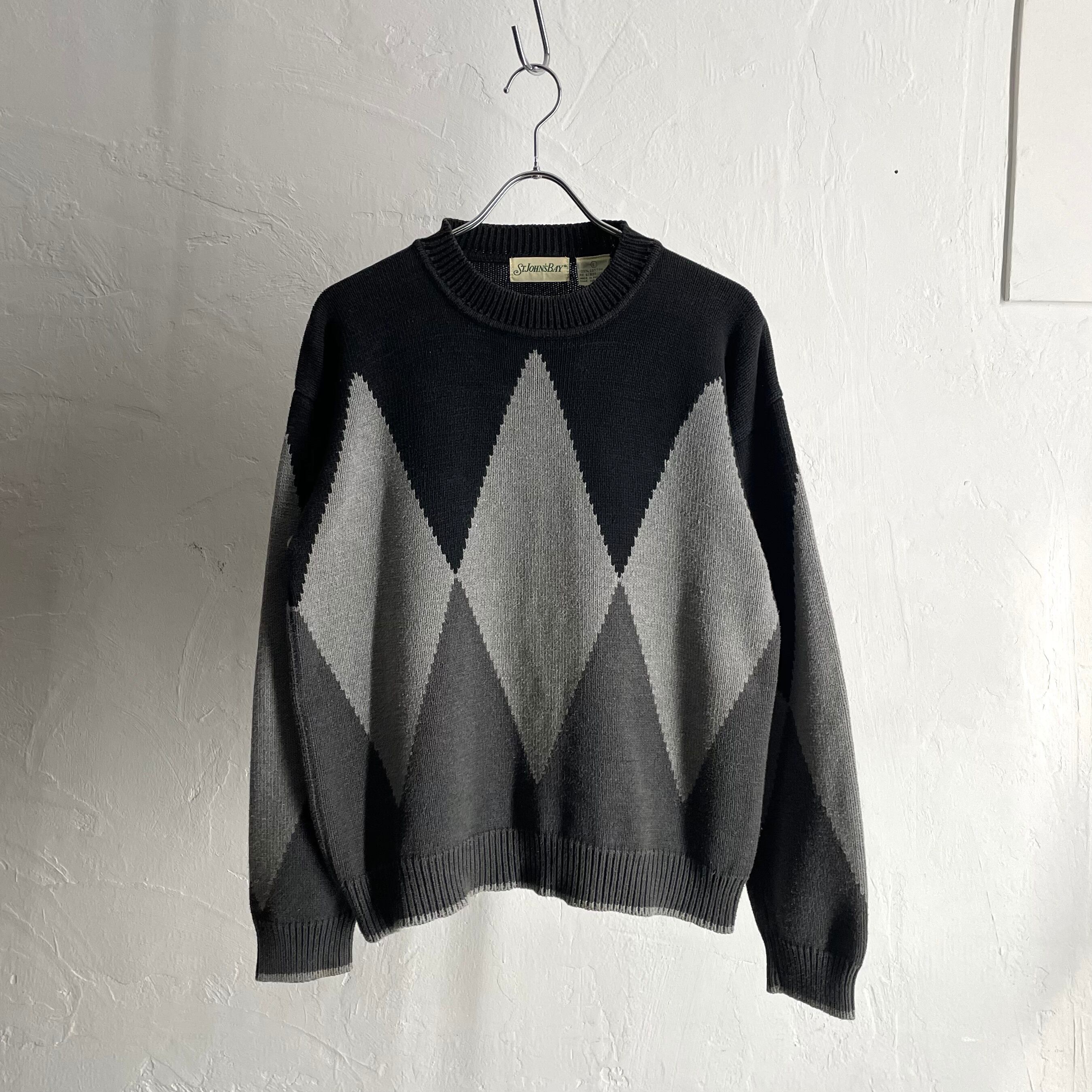 90s STJOHN'S BAY Dianond Pattern Cotton Knit "Black×Gray"