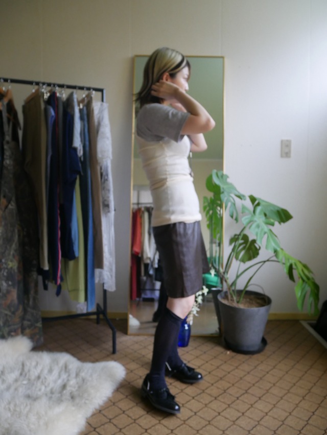 80s-90s Real Leather Tight Skirt / Dark Brown