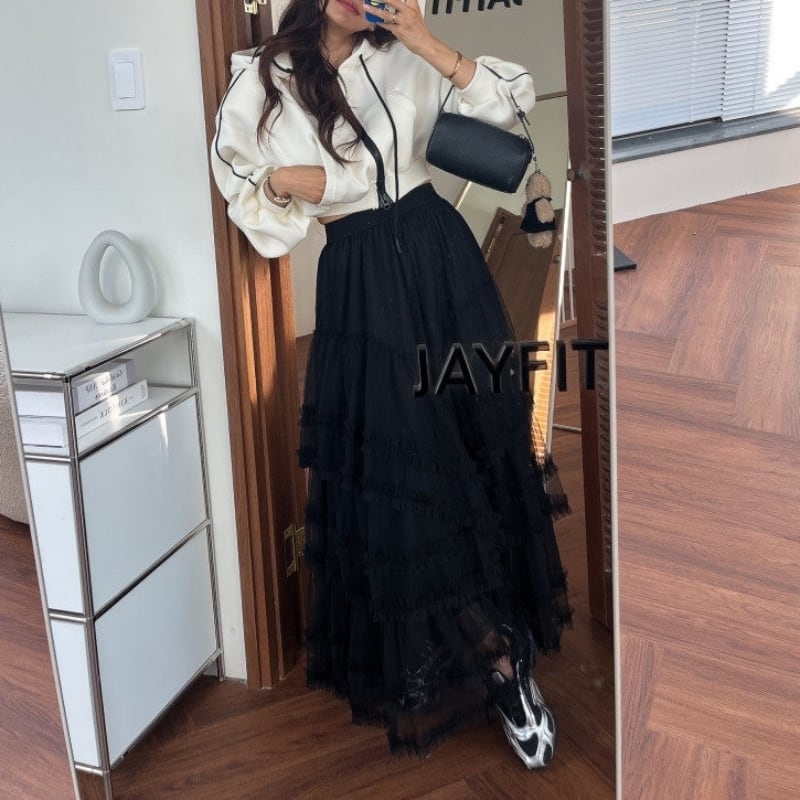 全3色/Side tiered tulle long skirt B4035 | Mbeaute