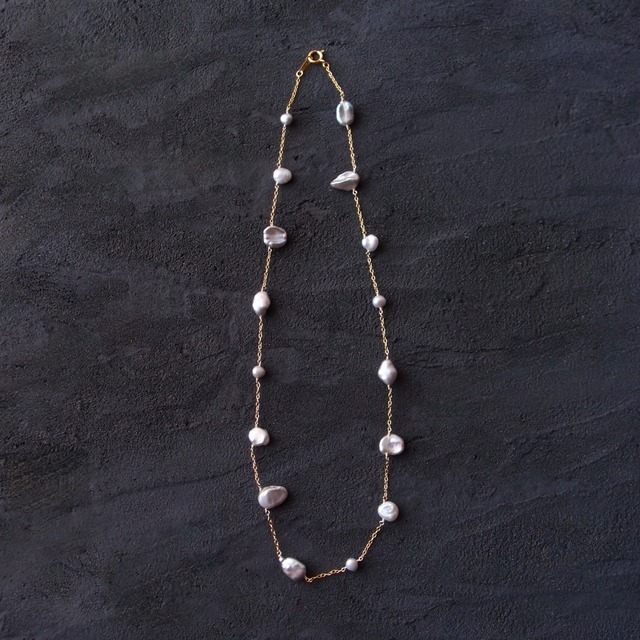 【K14gf】Mixed Shape Pearl Station Necklace／パールミックス ステーションネックレス（Gray）