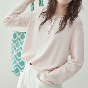 light pink half open button round neck sweater