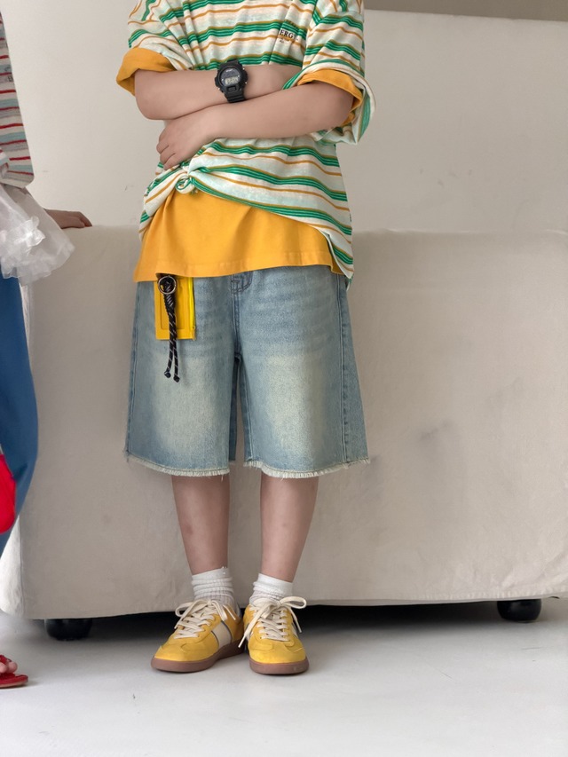 【KID】ウォッシュ加工スノーデニムハーフパンツ - 6