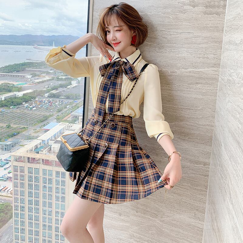 スタイルプリーツリボンシャツ 格子柄スカート オータム 秋物 MIUCO76830986615