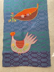 刺繍マルチカバー ロング大 ブルー 鳥と牛モチーフ