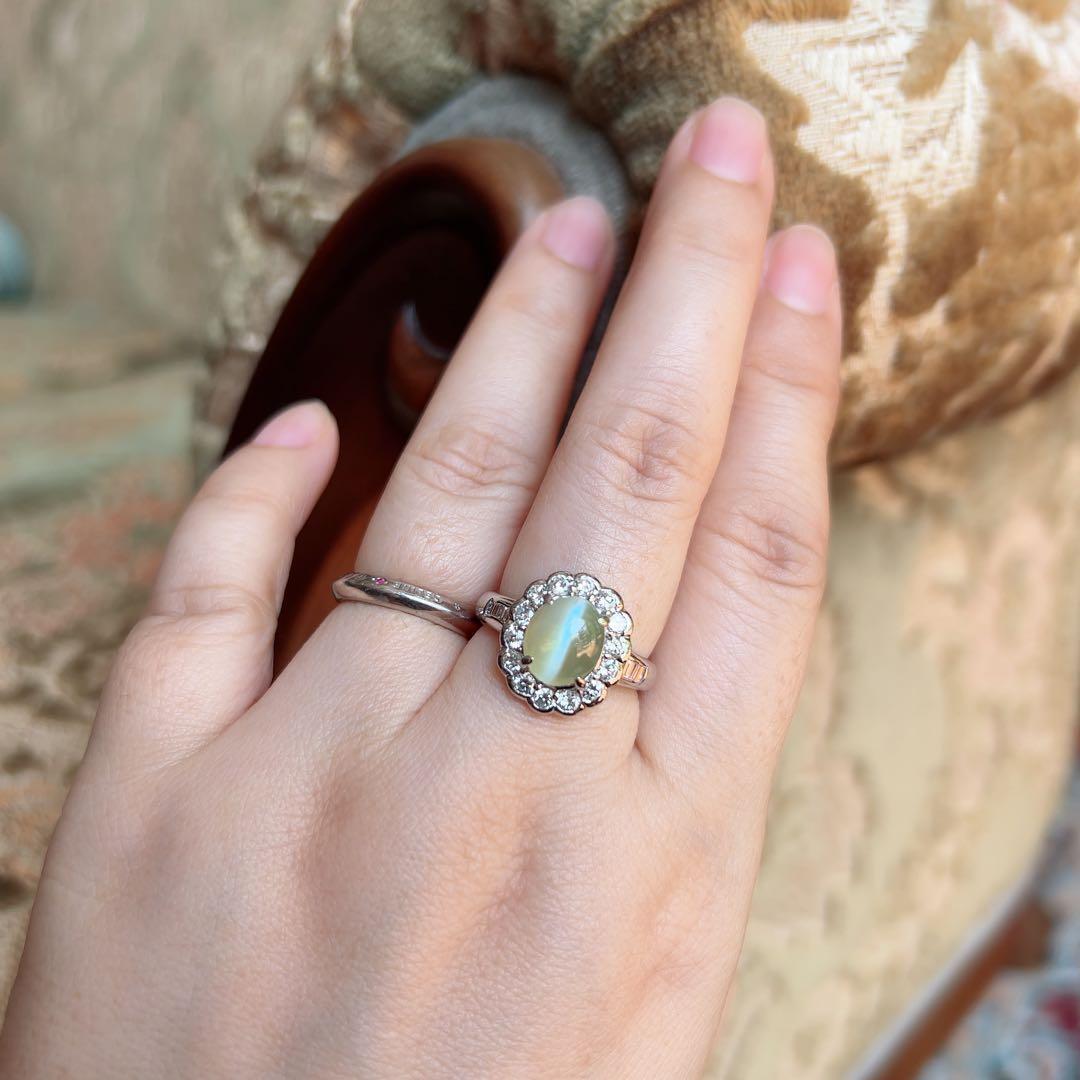 pt900 ミルク＆ハニー クリソベリルキャッツアイ3.27ct ダイヤ指輪
