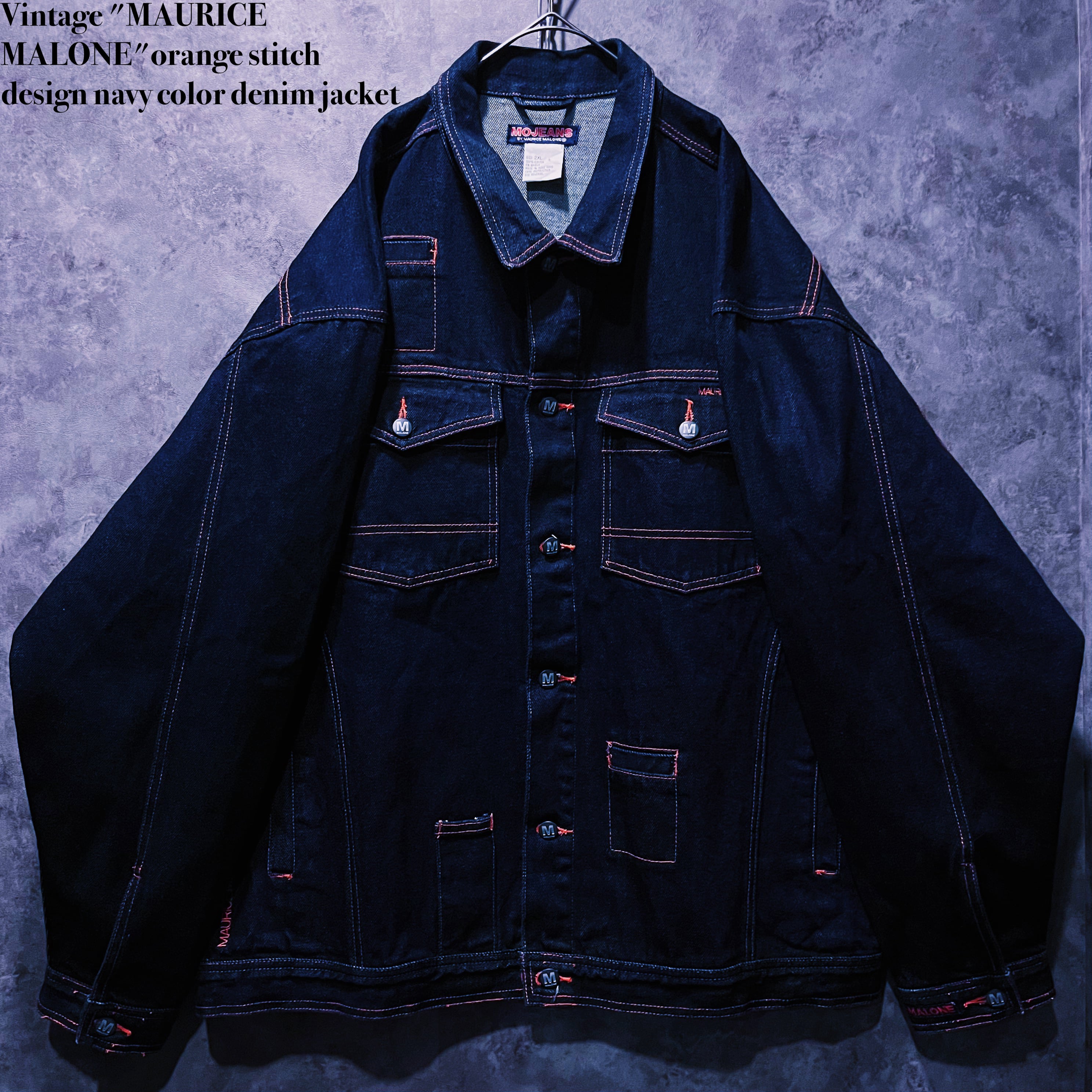 【doppio】Vintage “MAURICE MALONE”orange stitch design navy color denim jacket