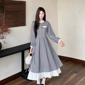 【送料無料】 ロングワンピ 異素材ドッキング 切り換え バイカラー マキシ ゆったり 長袖 クルーネック Aライン フレア プルオーバー リボン フリル 可愛い 大人可愛い シンプル カジュアル シック コンサバ 華やか レトロ 主役級 こなれ感 ガーリー 無地 冬 レディース 女性用 ママ 30代 40代 デート お出かけ 女子会 お呼ばれ 休日 お茶会 授業参観 着回し 普段使い ファッション コーデ スタイル 楽ちん 体型カバー 定番 プチプラ 垢抜け ママ服 グレー 大人カラー ニュアンスカラー