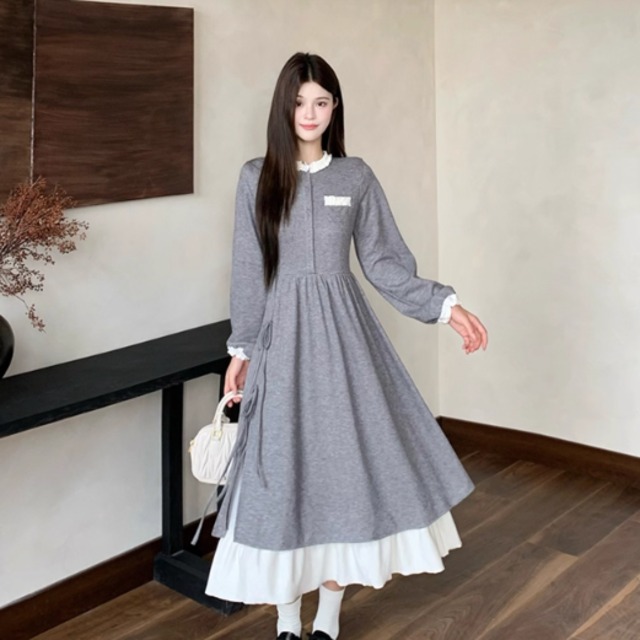 【送料無料】 ロングワンピ 異素材ドッキング 切り換え バイカラー マキシ ゆったり 長袖 クルーネック Aライン フレア プルオーバー リボン フリル 可愛い 大人可愛い シンプル カジュアル シック コンサバ 華やか レトロ 主役級 こなれ感 ガーリー 無地 冬 レディース 女性用 ママ 30代 40代 デート お出かけ 女子会 お呼ばれ 休日 お茶会 授業参観 着回し 普段使い ファッション コーデ スタイル 楽ちん 体型カバー 定番 プチプラ 垢抜け ママ服 グレー 大人カラー ニュアンスカラー