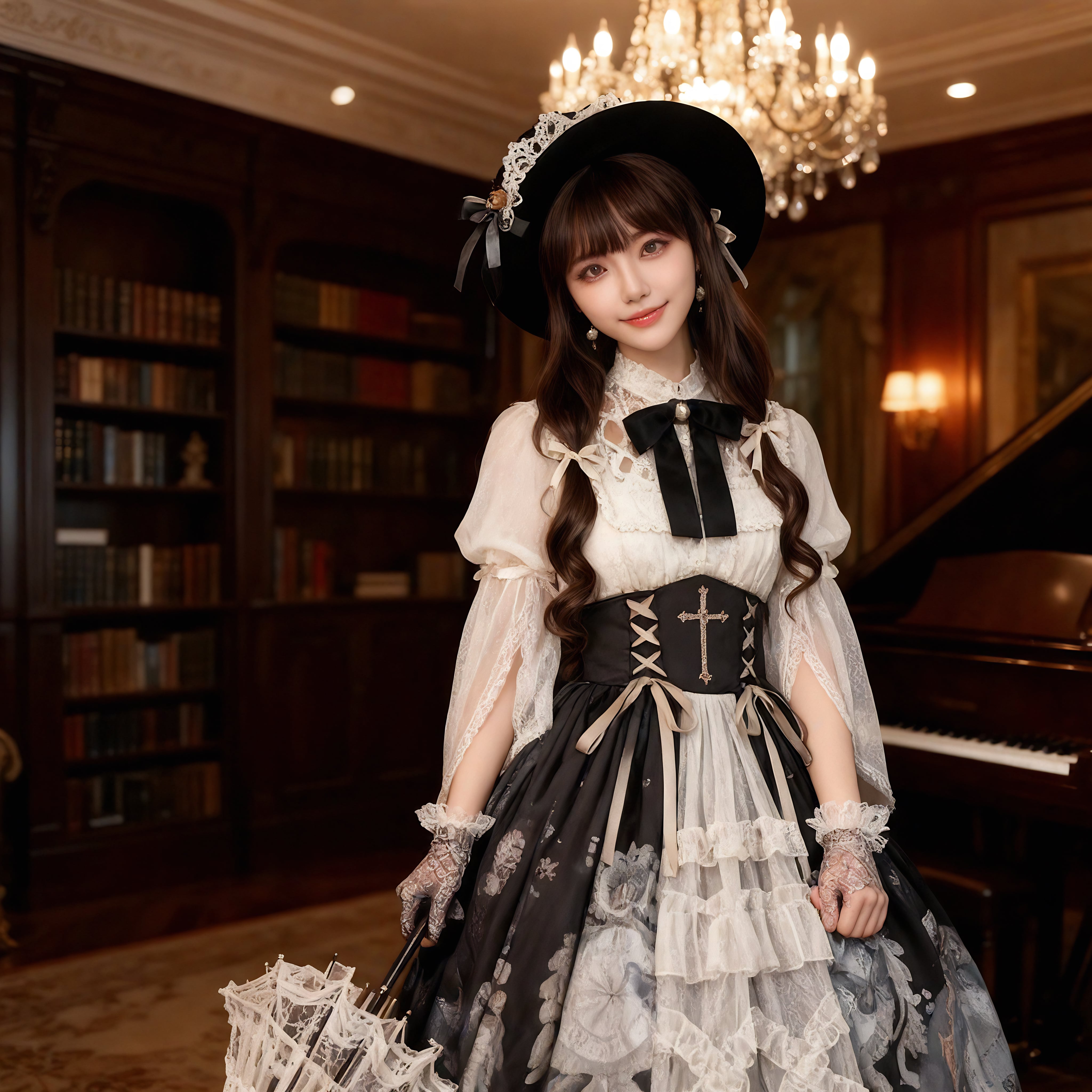 〔ロリータ〕クラシカルロリータワンピースセット|アンティーク柄ジャンパースカート+シフォンブラウス(ヴィクトリアンロリータ)