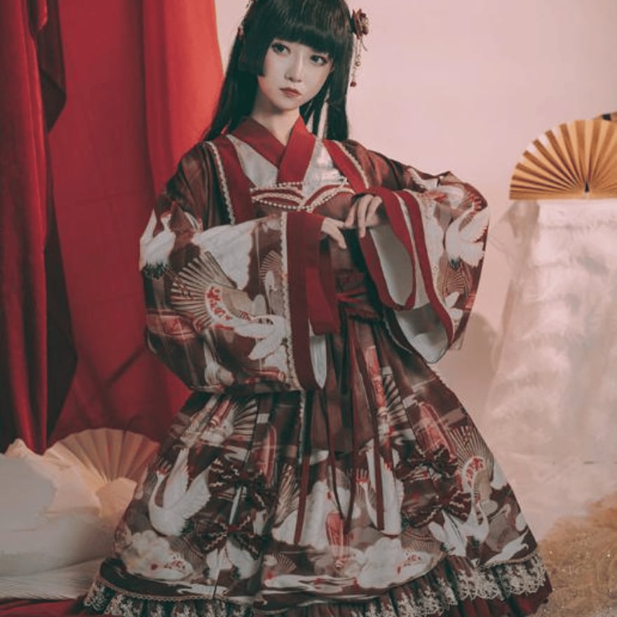 即納 黒Sサイズ】和ロリ 鶴と扇の和柄 ロリータ 着物風 JSK+羽織 豪華