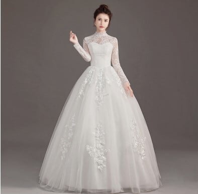 クラシカル ウエディングドレス ホワイト 美しい花レース 長袖