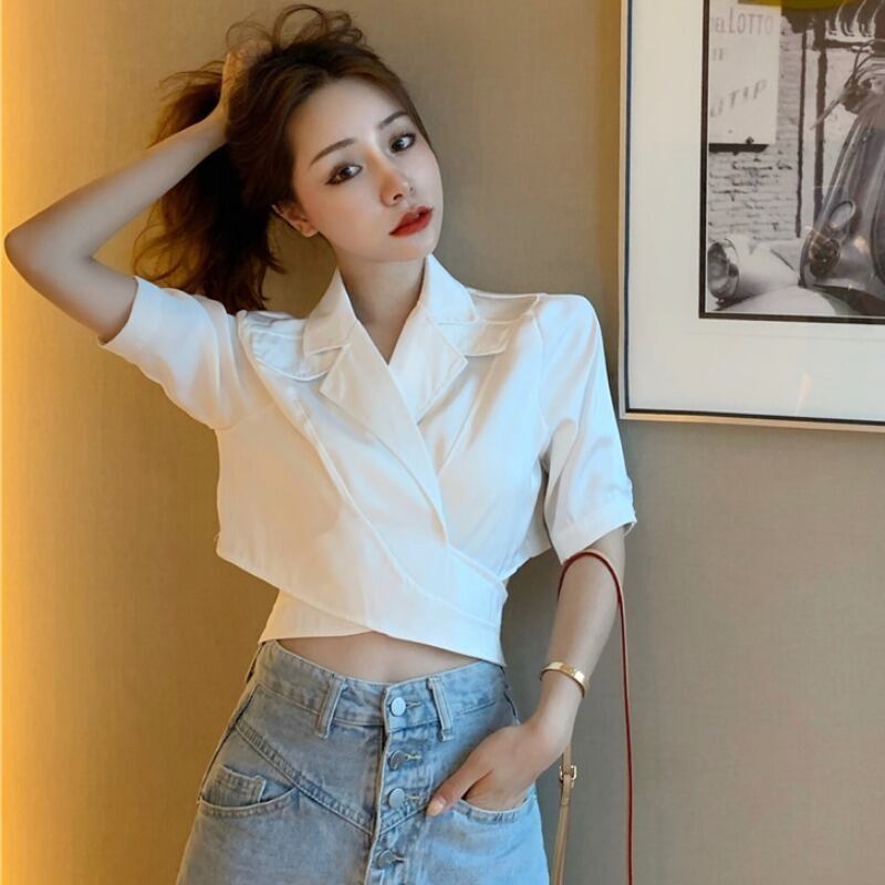 ホワイトシャツ スプリングバックレスショート半袖スリーブトップス ハーフスリーブ 春物 1号婦人93280612454