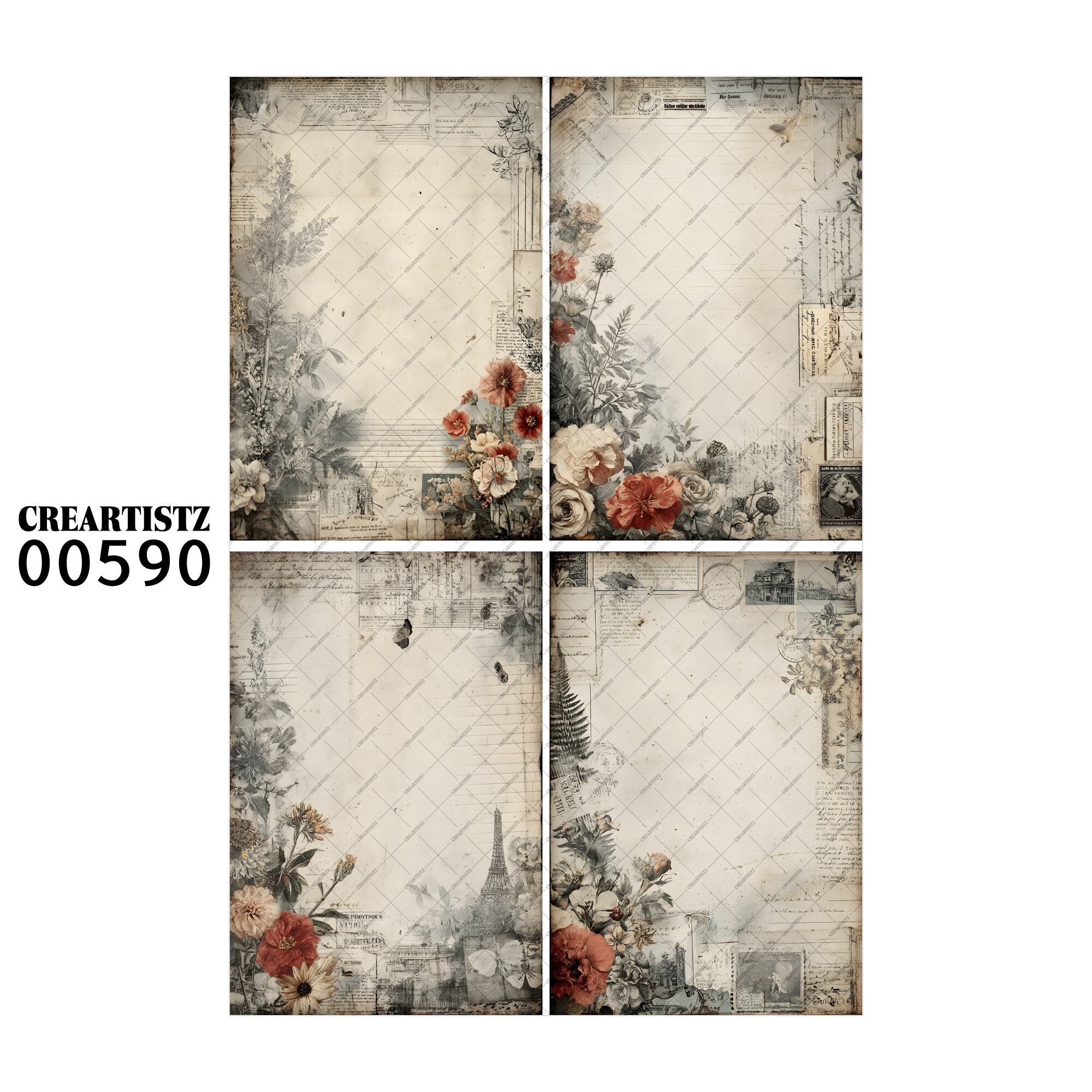 00590 背景 コラージュ素材 オリジナル 12枚セット (4種類×3枚) ペーパー/ステッカー CREARTISTZ