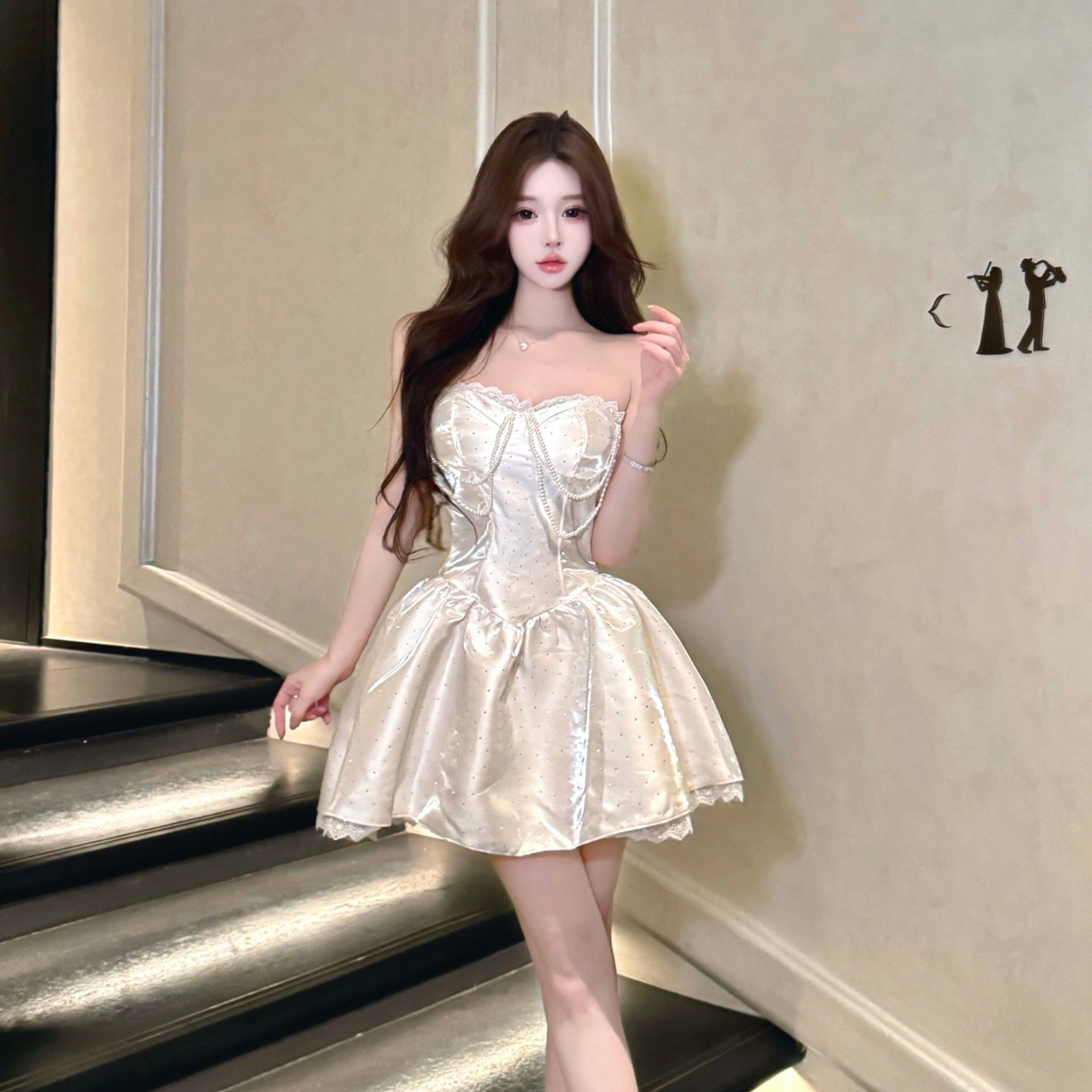 ミニドレス キャバドレス セクシー エレガント ビスチェ風 フレンチ風 パフスカート ウエストマーク 高見え レース×パール装飾 パーティー JC2-DD5746