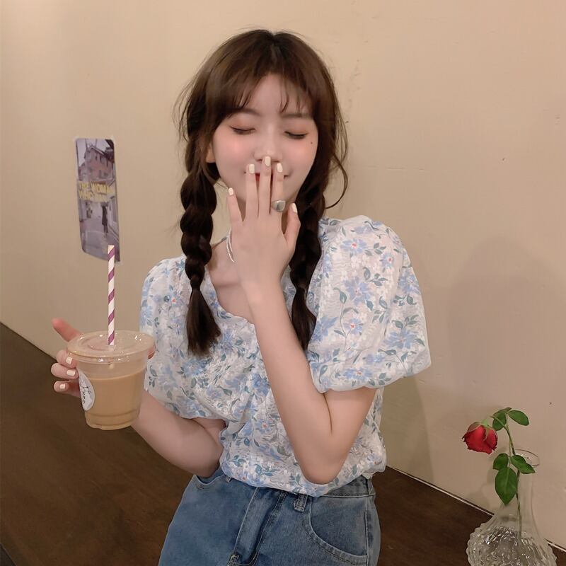 Vネックトップス フローラルシャツ サマー薄手スリーブ 夏物 花柄 1号婦人62379102835