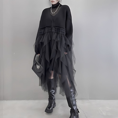 Mesh splicing solid color dress【2color】 C0493