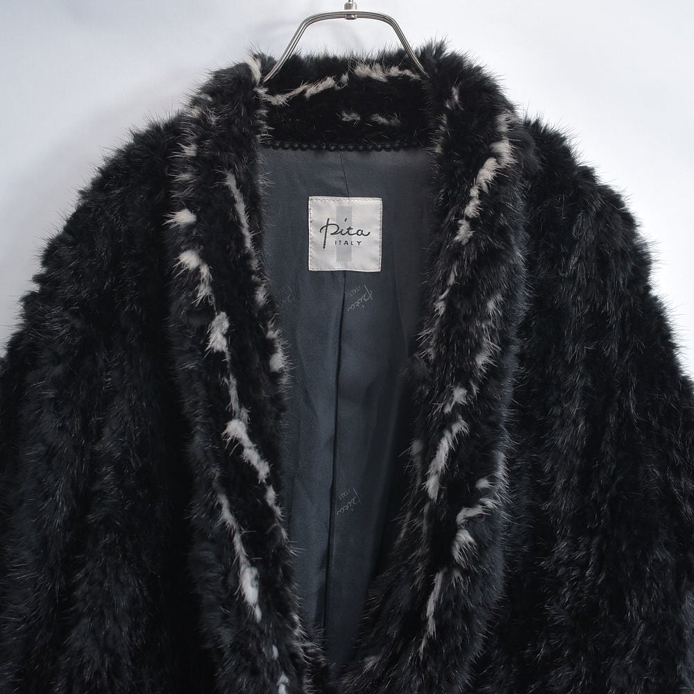 80s~90s イタリア製 Pita ITALY リアルファー 編み込み デザイン ニット ショールカラー カーディガン ジャケット ヴィンテージ ビンテージ 古着 レディースXL相当