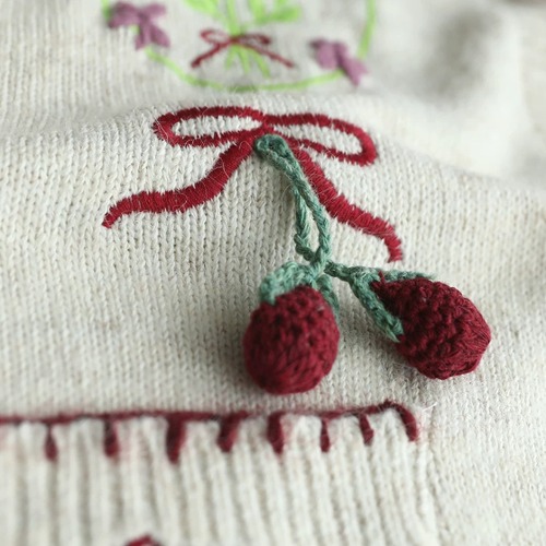3色／縁ステッチ刺繍ニットカーデ ・12631