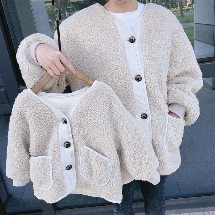 秋冬 韓国ファッション 母と娘 親子服 女の子 子羊の毛 裏起毛 厚手 チェスターコート 親子兼用
