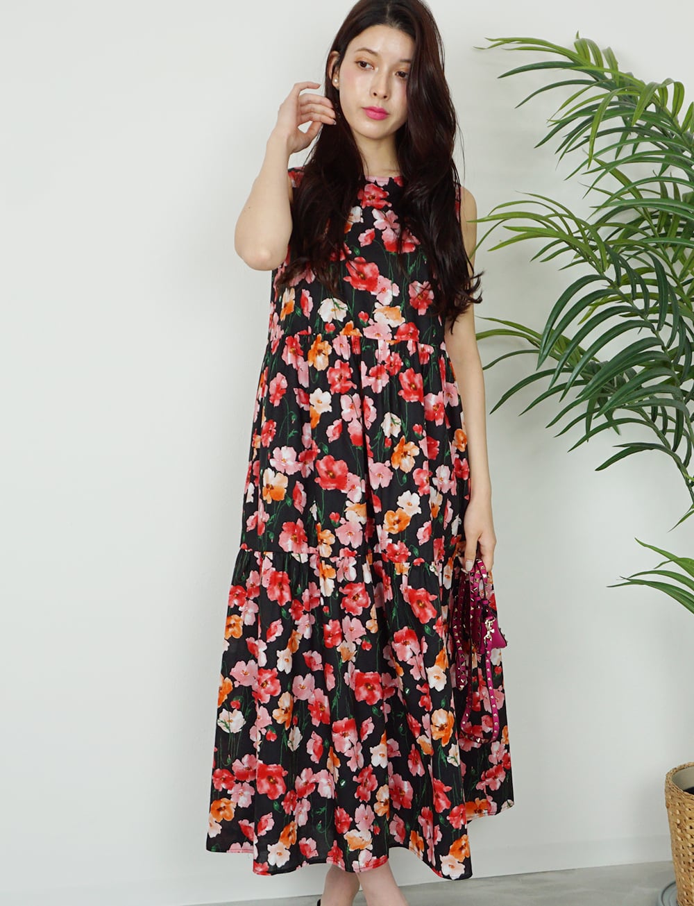 フラワーコットンティアードワンピース pink×black | amin pur