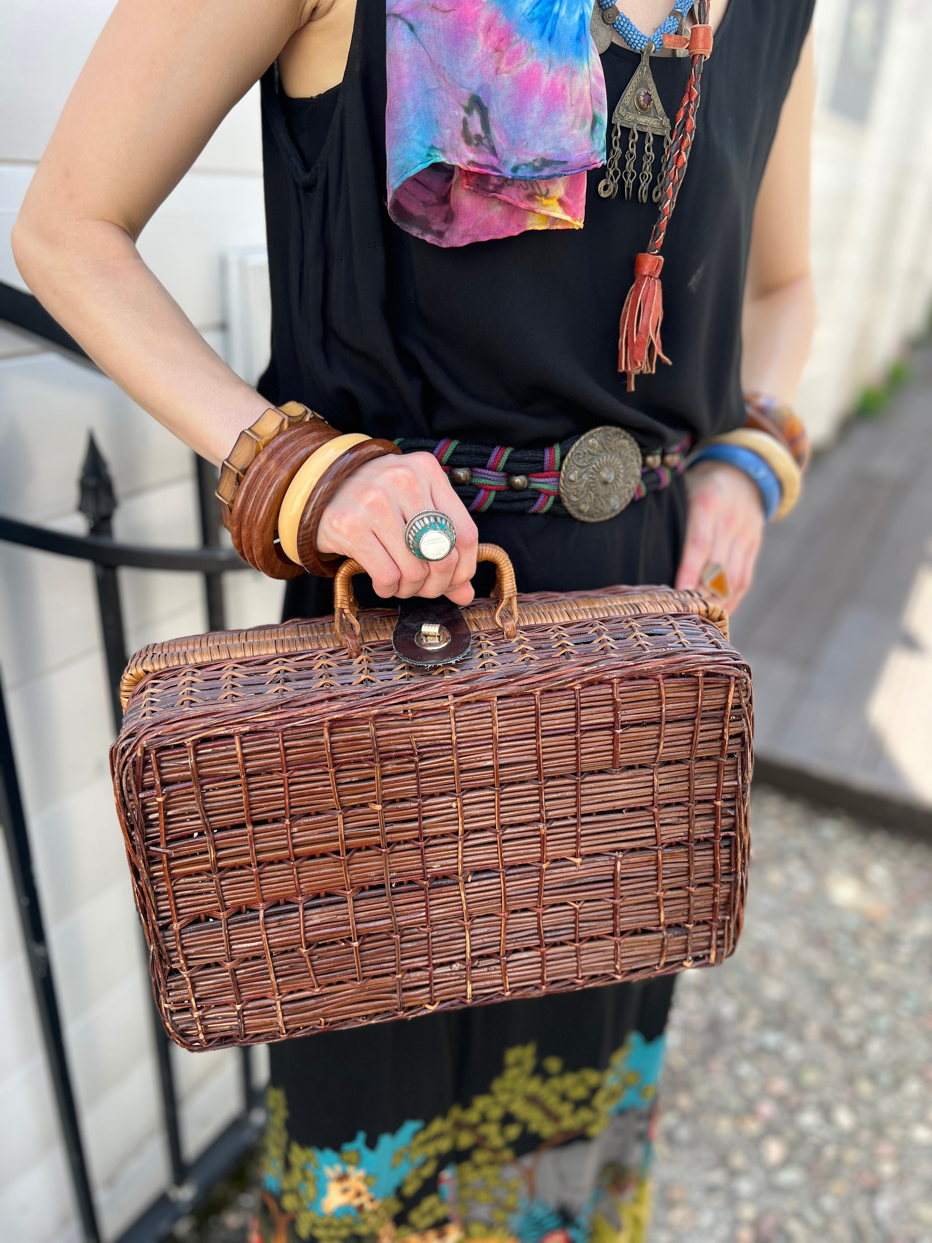 新品美品★籐・ラタン製★トランク風カバン★レトロ・アンティーク★希少品 Vintage brown rattan × leather bag ( ヴィンテージ ブラウン