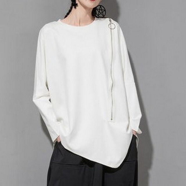 アシンメトリーデザイン サイドジップ 長袖 トップス 2color PU0050