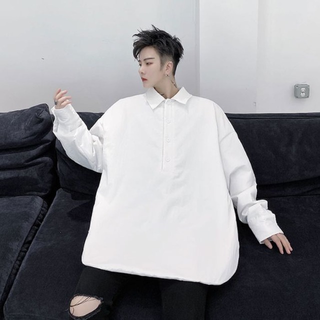 ハーフボタン シャツ ブラウス 無地 ルーズシャツ 厚手 長袖 ブラック ホワイト 黒 白 メンズ レディース ユニセックス 韓国 カジュアル シック モード 春 秋 冬 ミディアムロング丈 ひざ上丈 ロングスリーブ お支払い後日以内に発送 Top469 Garcons