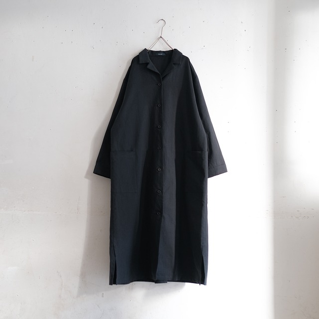open collar dress coat／cotton linen 〈black〉